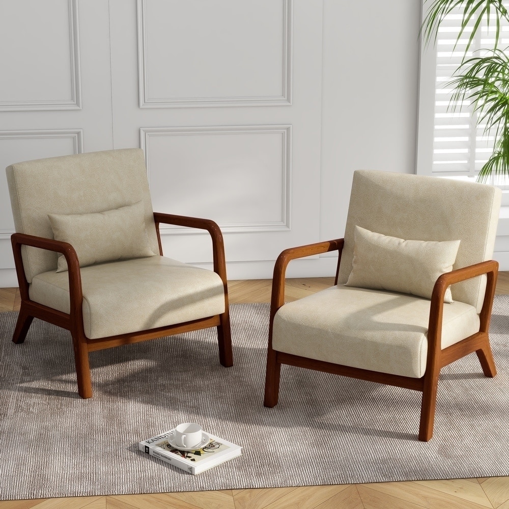 2 Set Scandinavian Upholstered Leather Corduroy Lounge Arm Chair with Pillow - Set of 2