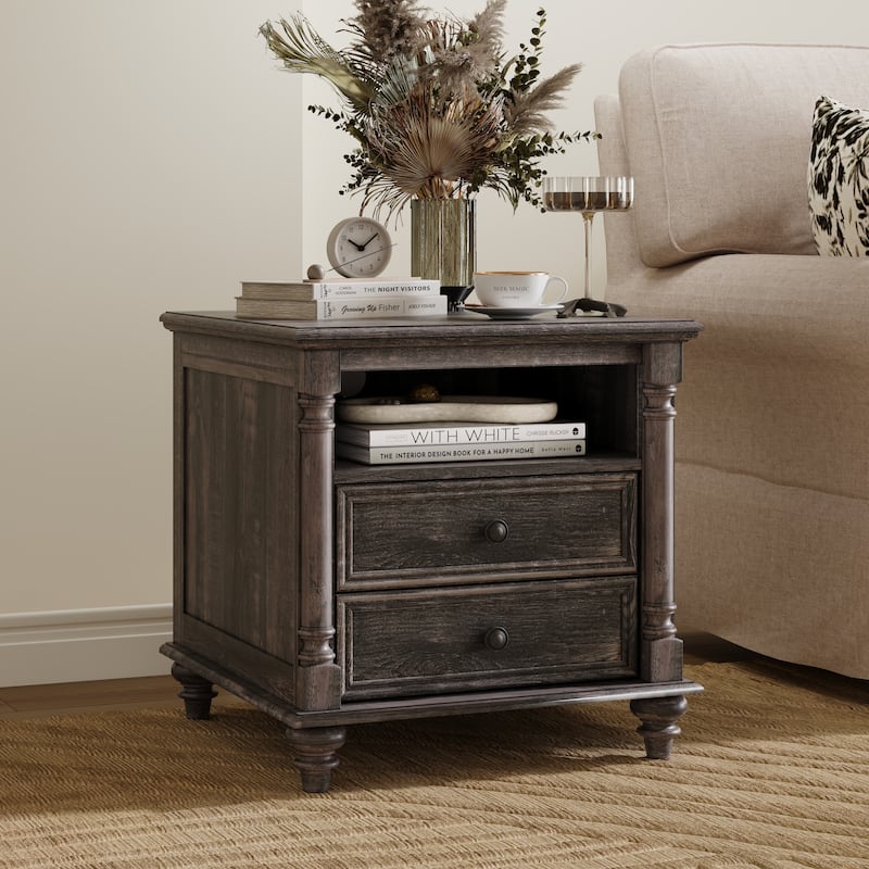 Farmhouse Nightstand Solid Wood Feet, Sofa Table with Charging Station - Black