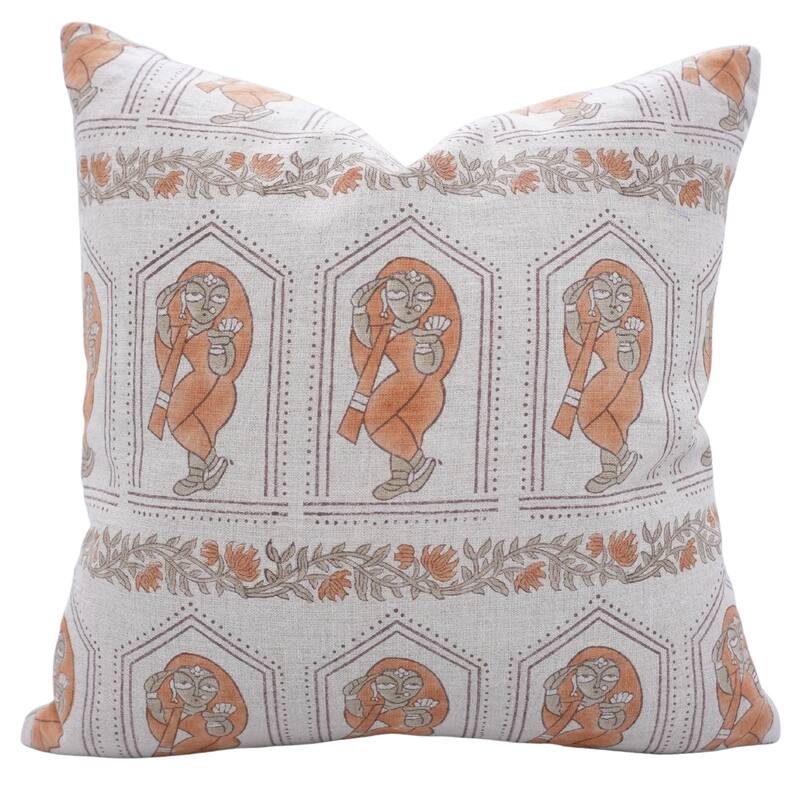 Fabdivine Handmade Block Print Floral Pillow Cover, Soft Pure Linen for Sofa, Alpana - Sundari- Orange, Grey - 26"X26"