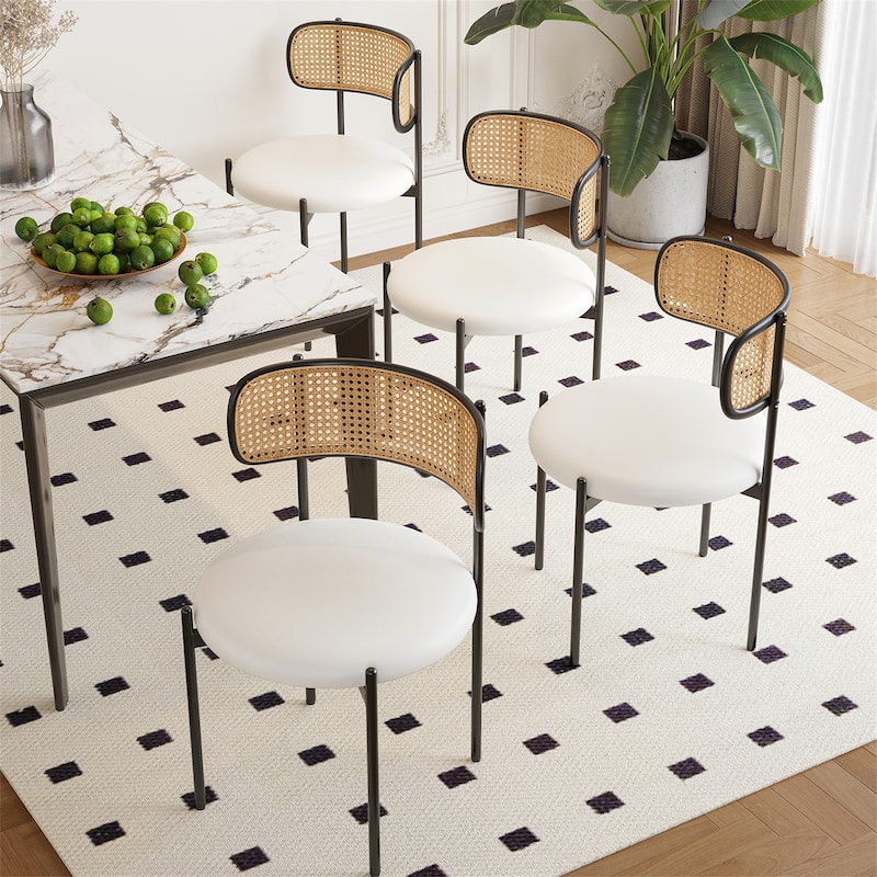 PU Leather Upholstered Seat Dining Chairs with Woven Rattan Back (Set of 4)