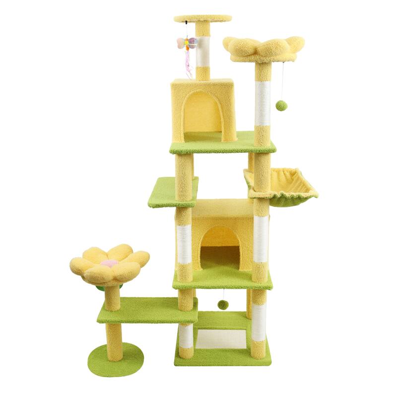 71 inch flower cat tree with large condo removable flower cushion and hammock yellow