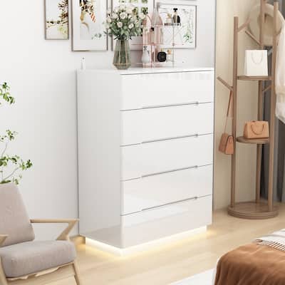 Wood 5 Drawer Chest Bedroom Dresser in White High Gloss With Light