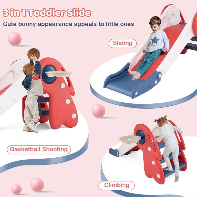 Gymax 3 in 1 Toddler Slide w/Basketball Hoop & Basketball Foldable