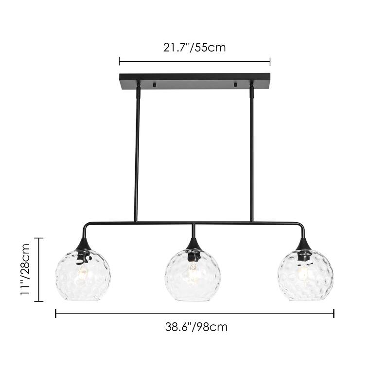3-Light Modern Black/Brushed Gold Linear Chandelier for Kitchen Island with Clear Textured Glass Globe Shades
