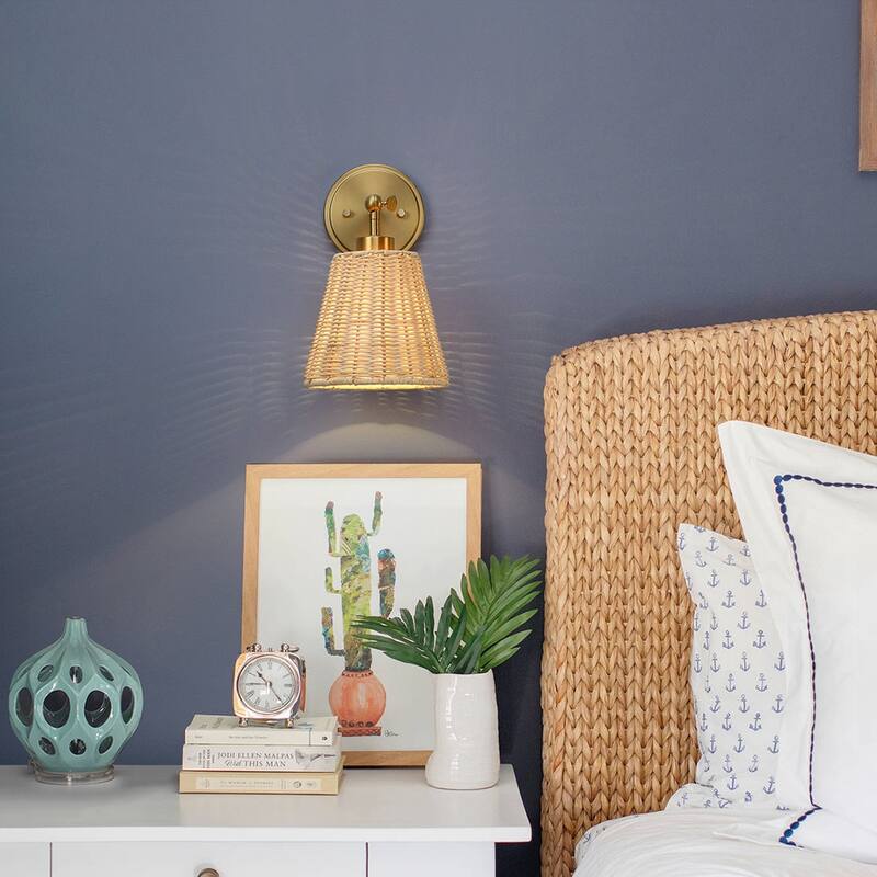 1-Light Boho Natural Rattan Hardwired Wall Sconce with Adjustable Swivel Swing Arm