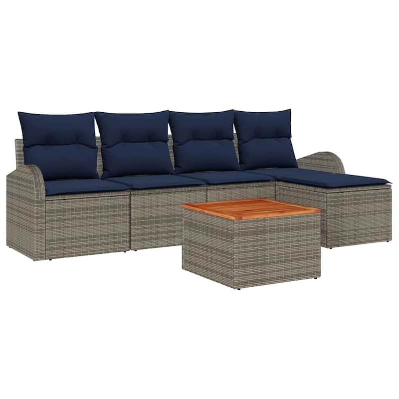 vidaXL 6 Garden Sofa Set with Cushions Black/Grey Poly Rattan - 92.1 x 24.4 x 27.2