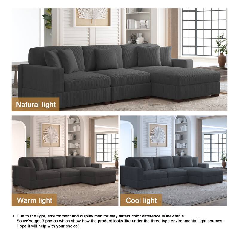 118" W Corduroy L-shape Modular Sectional Sofa with Pillows
