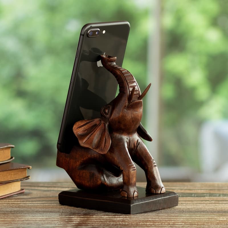 Novica Handmade Prosperity Elephant Wood Phone Holder