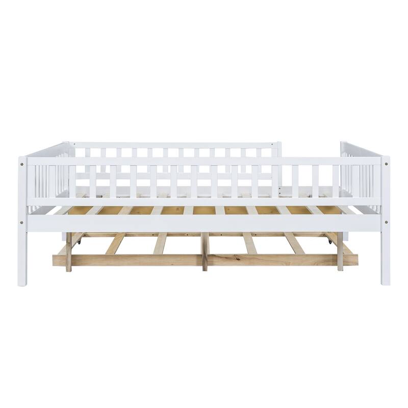 Full Size Wood Daybed with Trundle and Fence Guardrails, Space-Saving Design