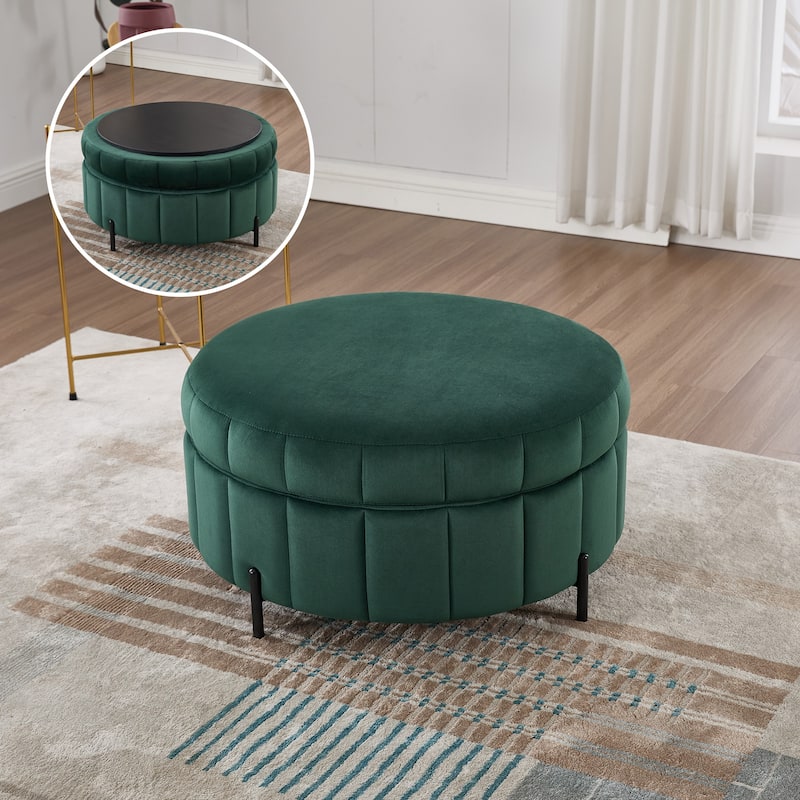 31.5"W Upholstered Round Ottoman With Reversible Lid, Velvet Storage Stool, Channel Tufted Pumpkin-shape Footstool - Green