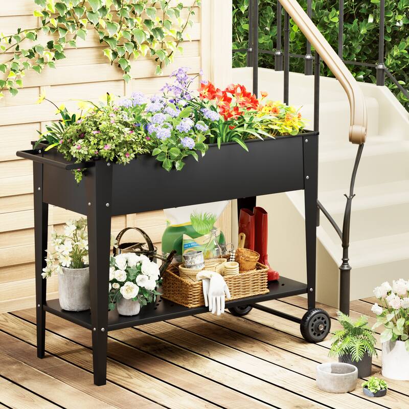 Homall Raised Garden Bed on Wheels Outdoor Metal Mobile Elevated Planter Box W/ Legs & Storage Shelf