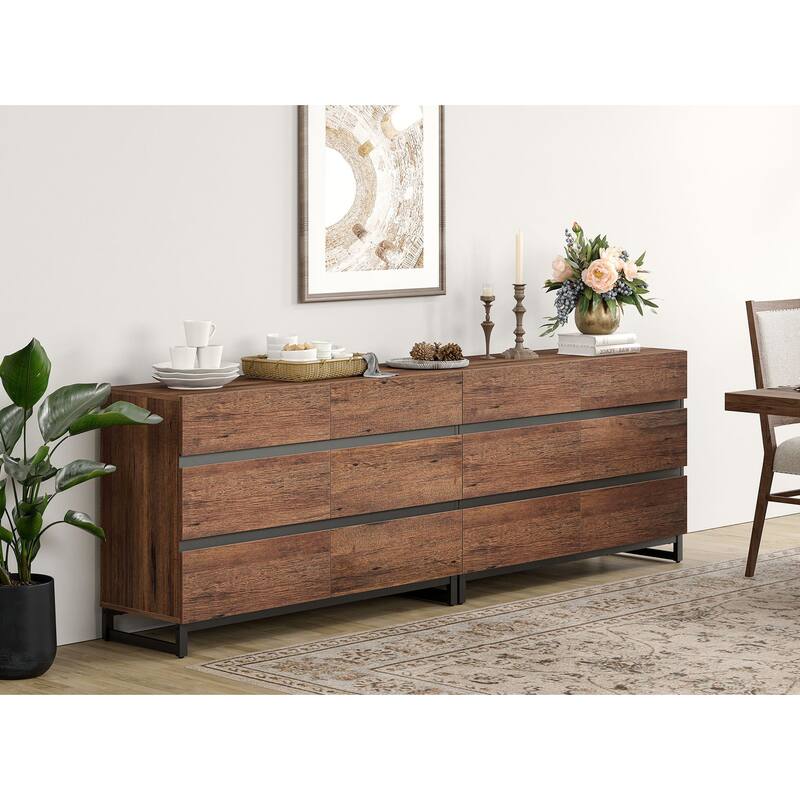 WAMPAT Modern Buffet Sideboards, Sideboard Buffet Cabinet with 6 Drawers , Coffee Bar Storage Cabinet for Kitchen - 2PCS - Brown