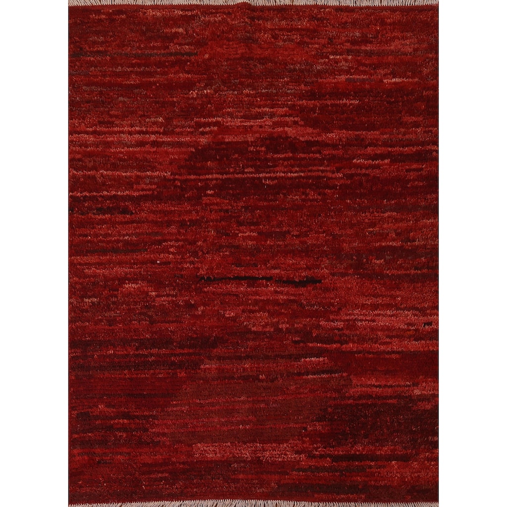 Hand Knotted Oriental 100% Wool Carpet Modern Stripe Red Moroccan Area Rug - 6' 4'' X 5' 2''