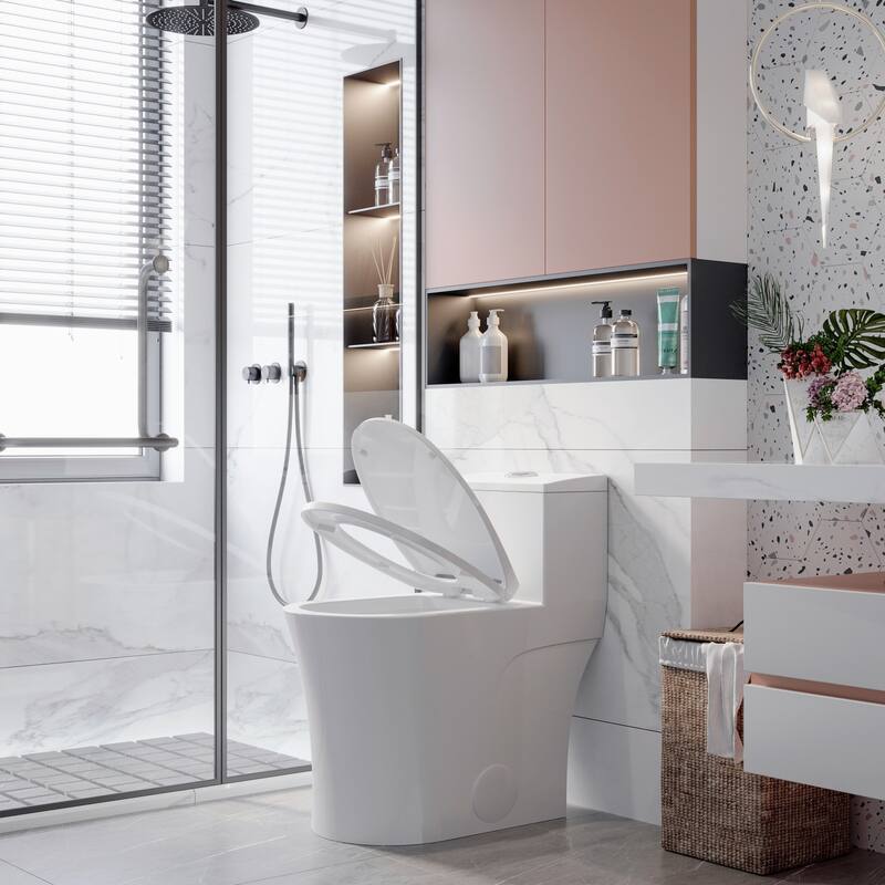 HOROW One Piece Elongated Toilet in White 0.8/1.28 GPF High Efficiency Dual Flush with Soft Closing Seat - N/A