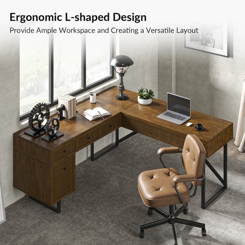 Alfons Industrial L-shaped Lift Top Cane Executive Office Desk with Drawers and Built-In Outlets by HULALA HOME