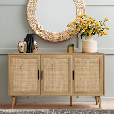 3-Door Rattan Light Oak Finish Manufactured Wood Sideboard Cabinet - 27.76" H x 47.24" W x 15.35" D