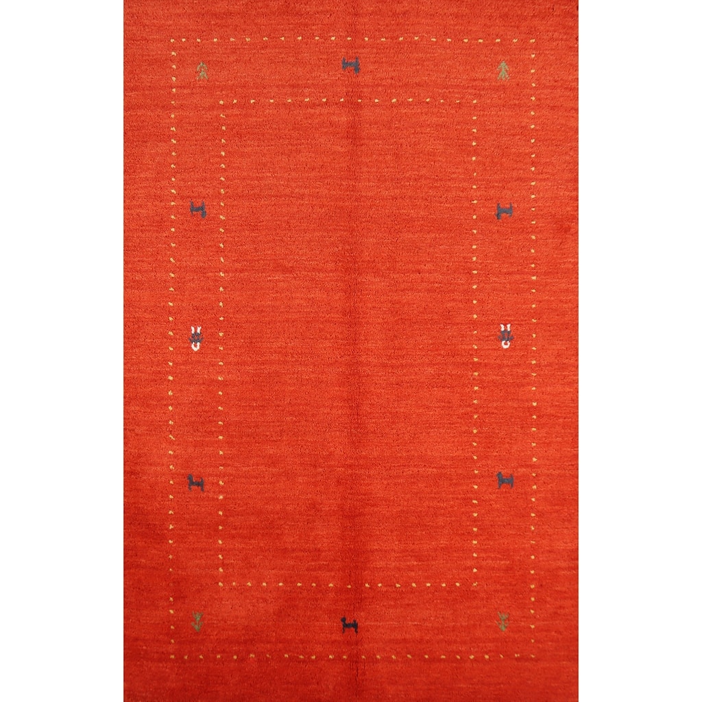 Orange Tribal Gabbeh Rug Hand-Knotted Wool Carpet - 4'0" x 5'10"