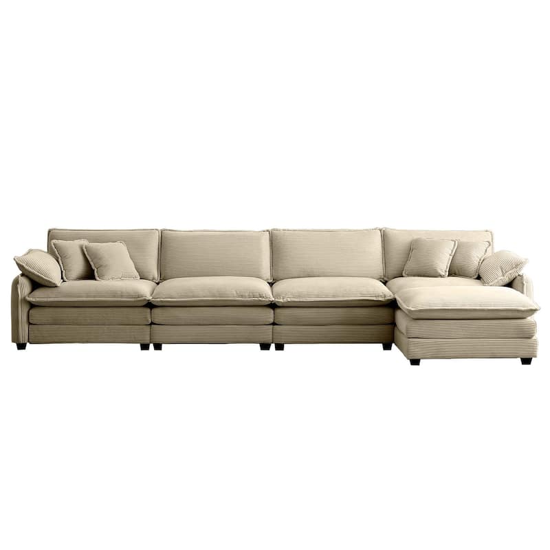 Tan 5-Piece Oversized Corduroy L-Shaped Modular Sectional Sofa with Ottoman
