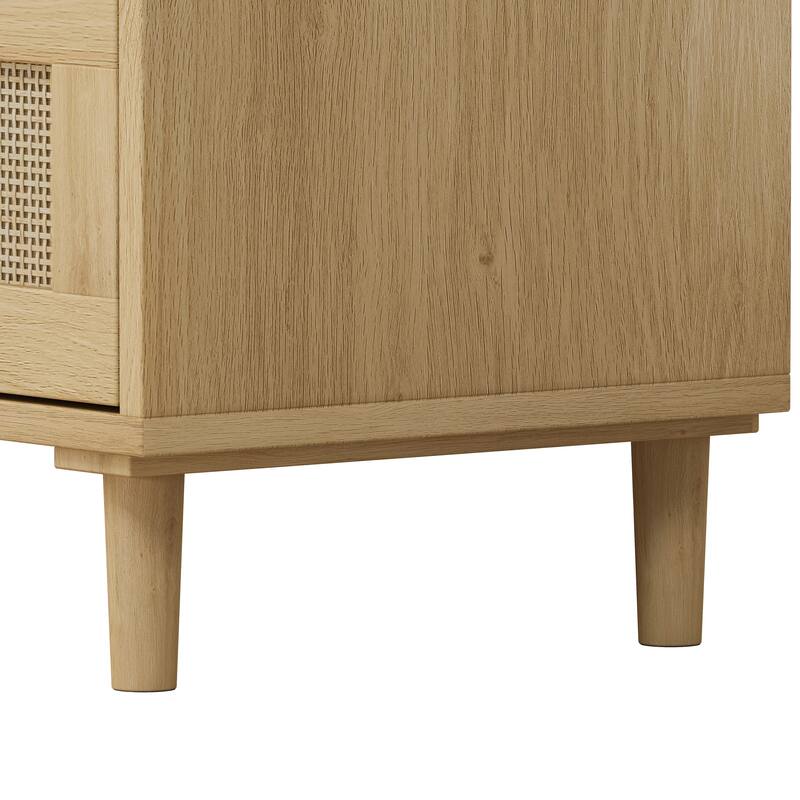 Anmytek Mid Century Modern Oak Wood Storage Cabinet with 3 Rattan Drawers for Bedroom and Living Room