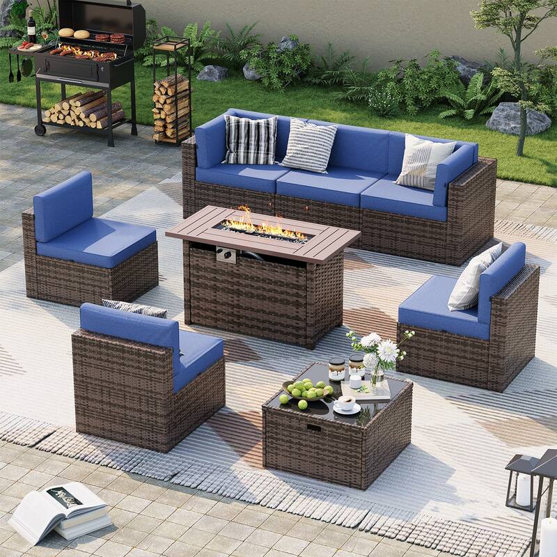AOXUN Wicker Rattan Outdoor Sectional Sofa Set with Coffee Table - 8 pcs - Brown-Blue