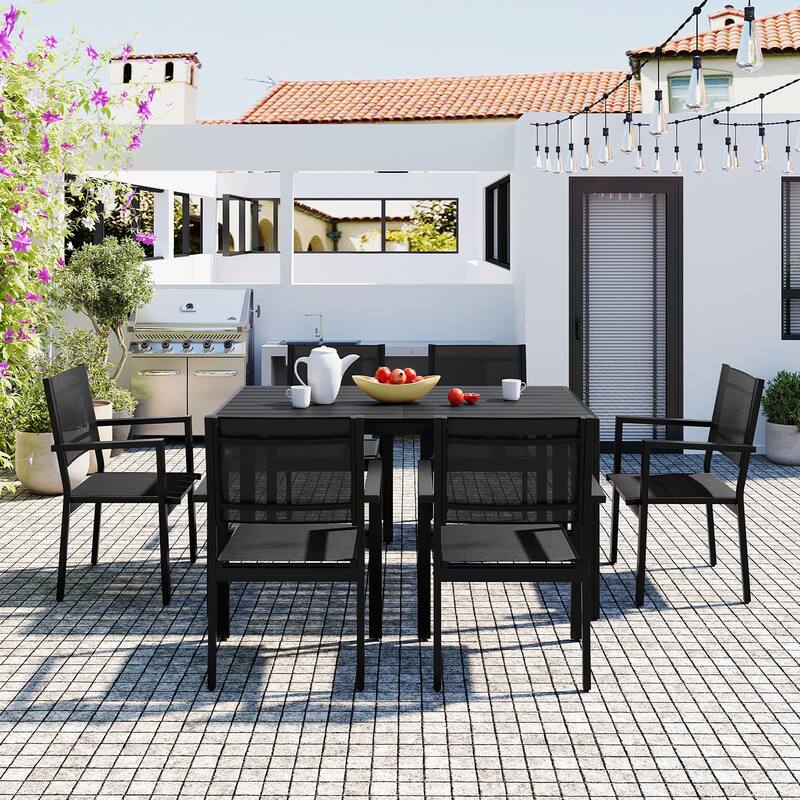 7 Pcs Outdoor Steel Dining Table and Chair Set, All Weather Patio Furniture Set with Rectangular Table and 6 Dining Chair