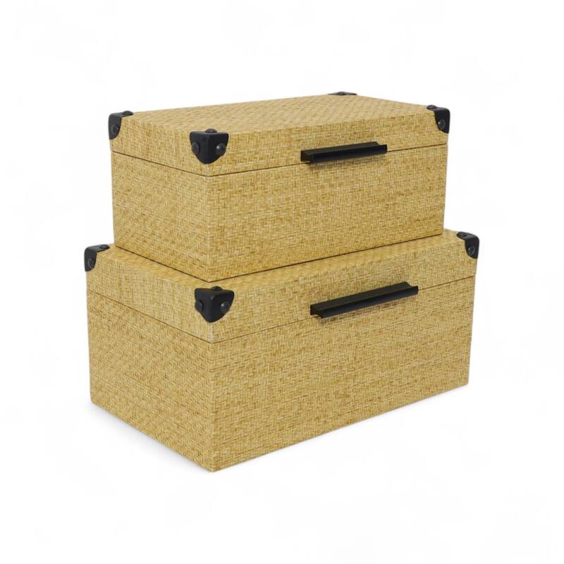 Ferelith Set of 2 Rectangular Decorative Storage Boxes - Light Brown Wicker Rattan Pattern