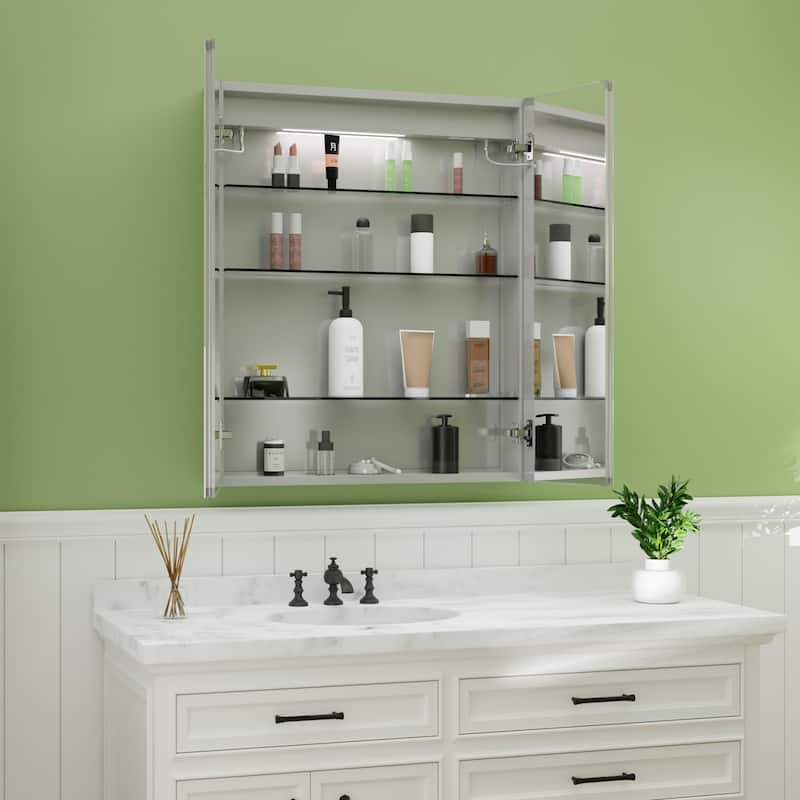 ExBrite LED Lighted Bathroom Medicine Cabinet with Mirror, Recessed or Surface