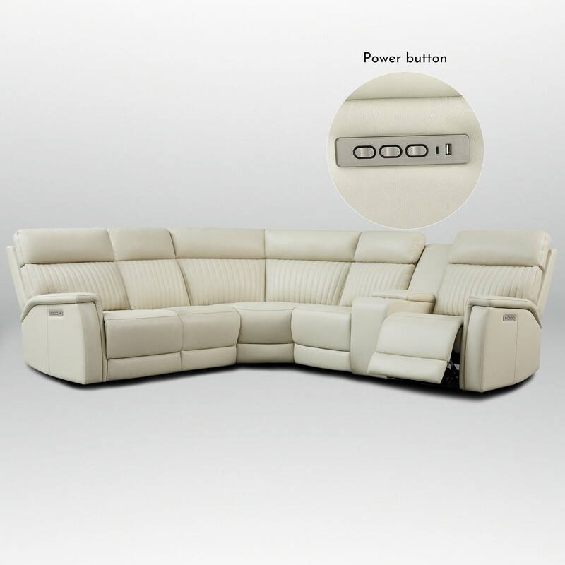 Genuine Leather Power Recliner Sectional Sofa with Console, Ajustable Headrest, USB&USB-C Port
