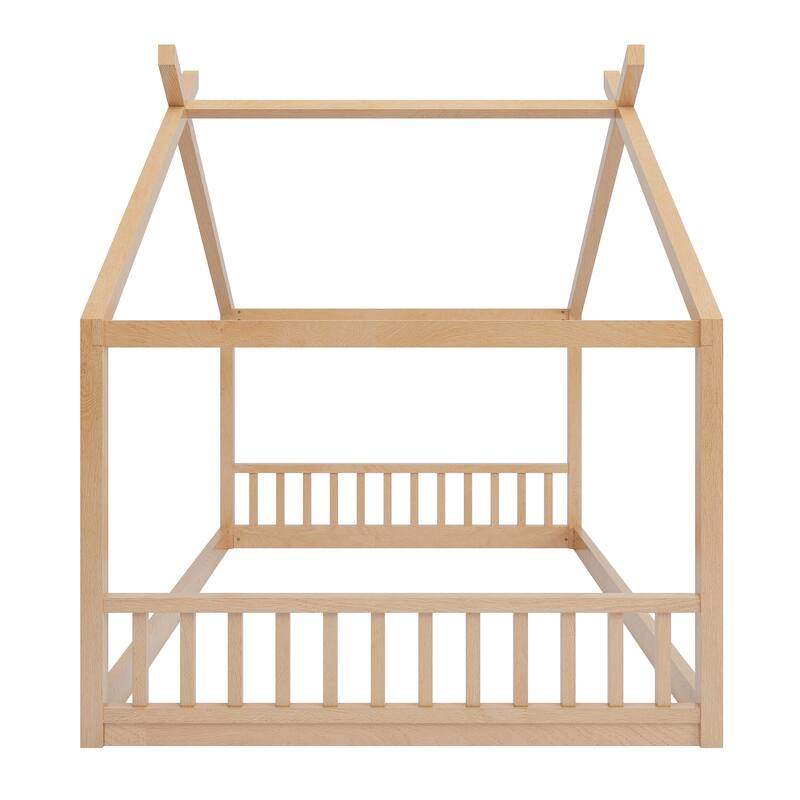 Full Size Montessori Style House Bed for Kids,Floor Bed Frame with Headboard and Footboard,Wooden Fence Bed,Easy Assembly