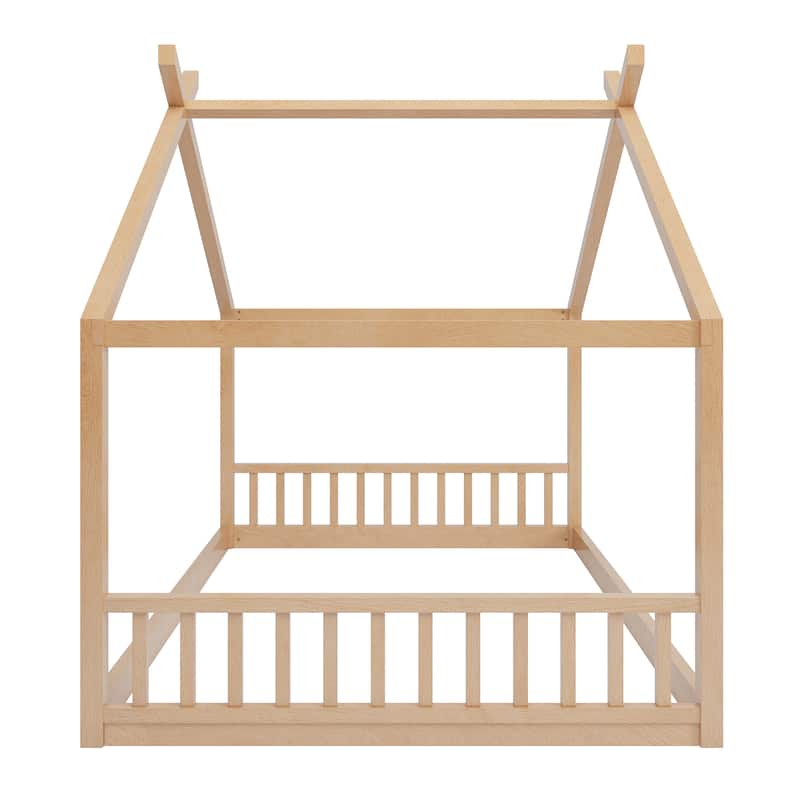 Montessori House-shape Bed Frame for Kids Toddler Floor Bed with Fence Headboard Footboard, Low Wooden Tent Bed Without Slats