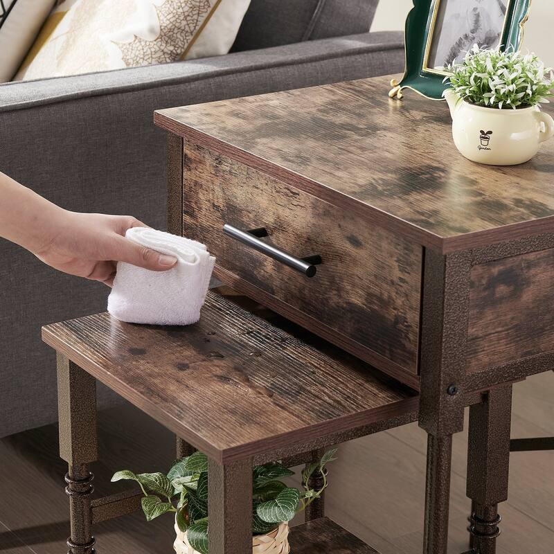 VECELO Small Coffee Table Set of 2, Coffee Table with Steel Frame, Side End Table for Living Room