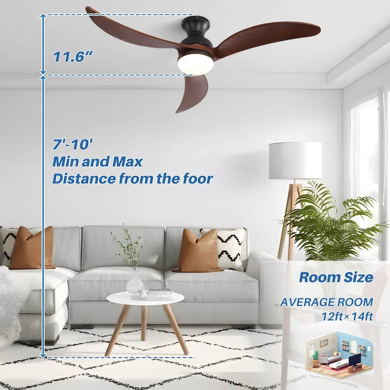 52" Low Profile Smart Ceiling Fan with LED Light, Remote or Phone APP Control,Black with Walnut Blades