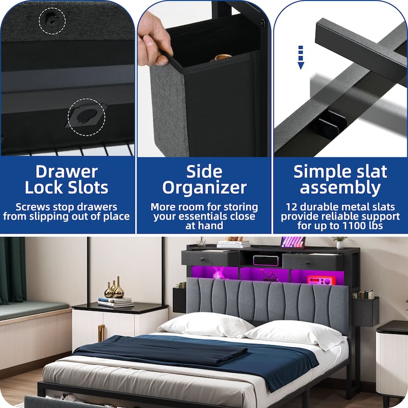 Moasis Linen Upholstered Platform Bed, Bed Frame with Hidden Storage Headboard and Charging Station
