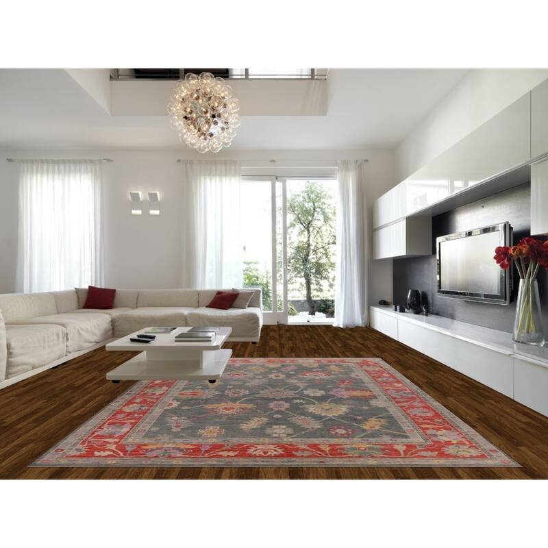 Hand Knotted Oriental 100% Wool Carpet Transitional All-Over Navy Blue & Blues Oushak Area Rug - 13' 9'' X 10' 2''