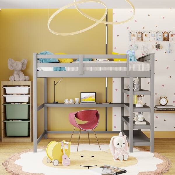 Rubber Wooden Loft Bed with Storage Shelves and Underbed Desk Bed