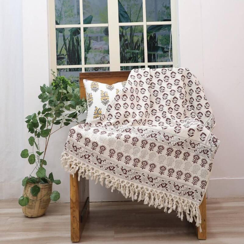 Fabdivine Rohini Handwoven Cotton Blanket- Stylish Block Print Throw for Home Decor & Bed Cover with Handcrafted Fringe, 90"x54"