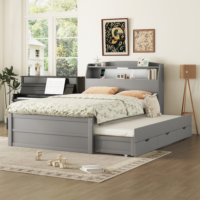 Wood Captain Bed Platform Bed with Trundle and 3 Drawers, Single Bed Frame with Storage Headboard and Integrated LED Light - Grey - Full