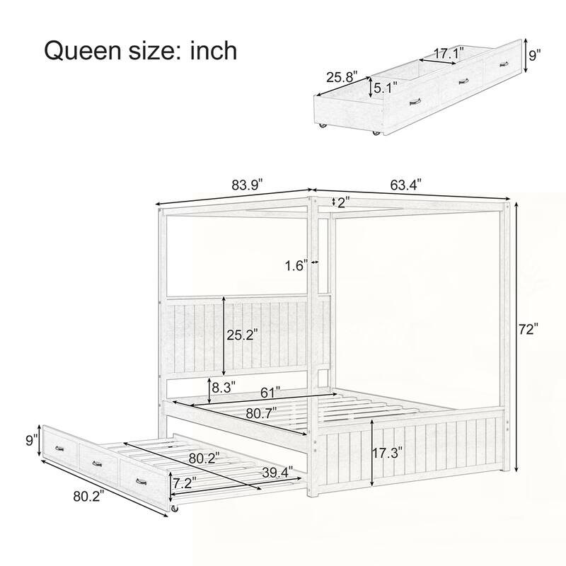 Canopy Platform Bed with Trundle and Three Storage Drawers