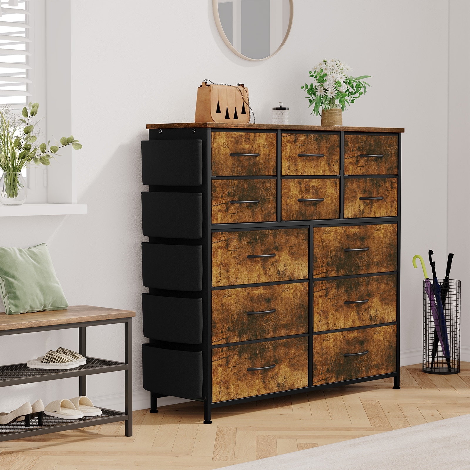 Songmics 7 Fabric Drawer Dresser for Livingroom Storage Dresser Rustic  Brown and Black