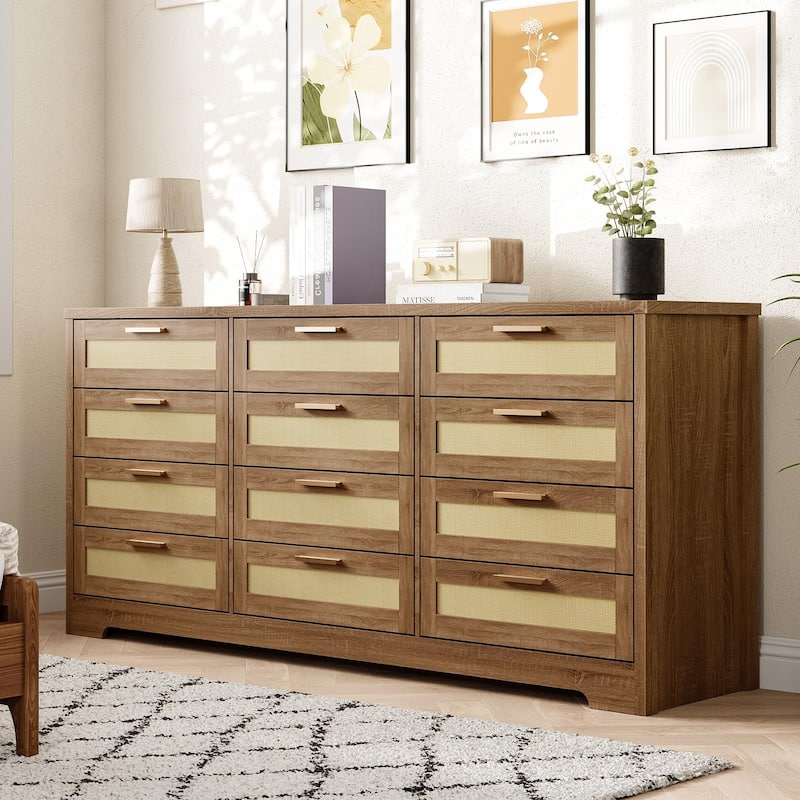 12 Drawer Dresser for Bedroom, Modern Farmhouse Rattan Chest of Drawers with Handles, Wood Dresser for Closet - Natural