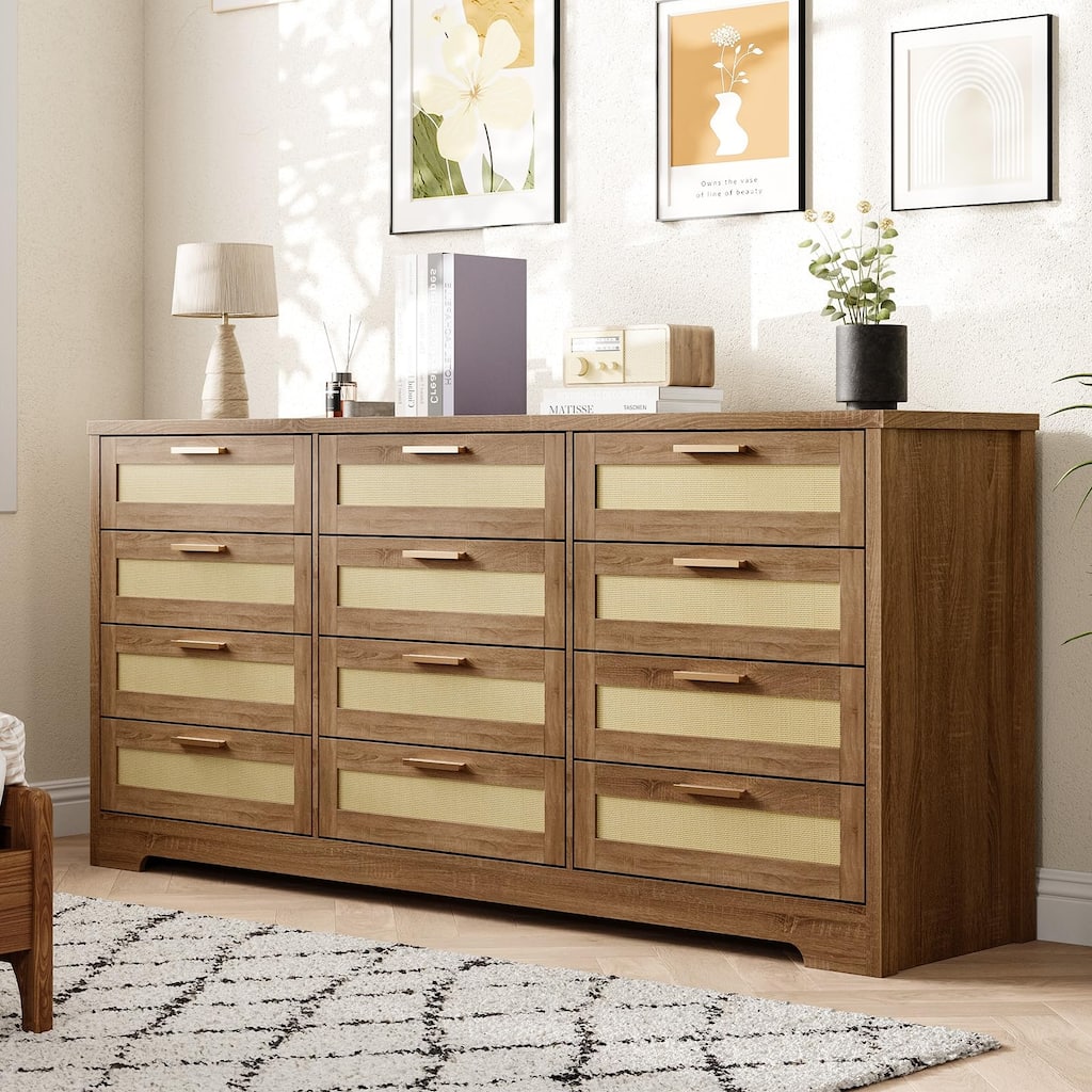 12 Drawer Dresser for Bedroom, Modern Farmhouse Rattan Chest of Drawers with Handles, Wood Dresser for Closet