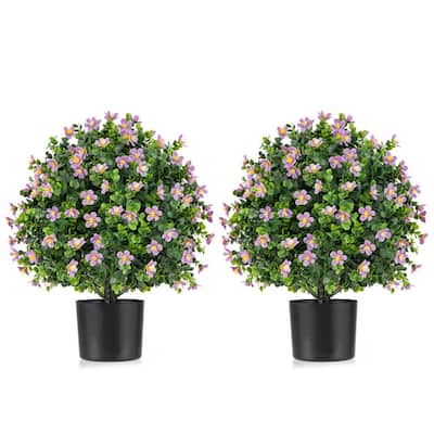 Set of 2 Artificial Boxwood Topiary Ball Trees with Purple and White Flowers Sun-Proof Cement Pot Low Maintenance - 6" x 21.5"