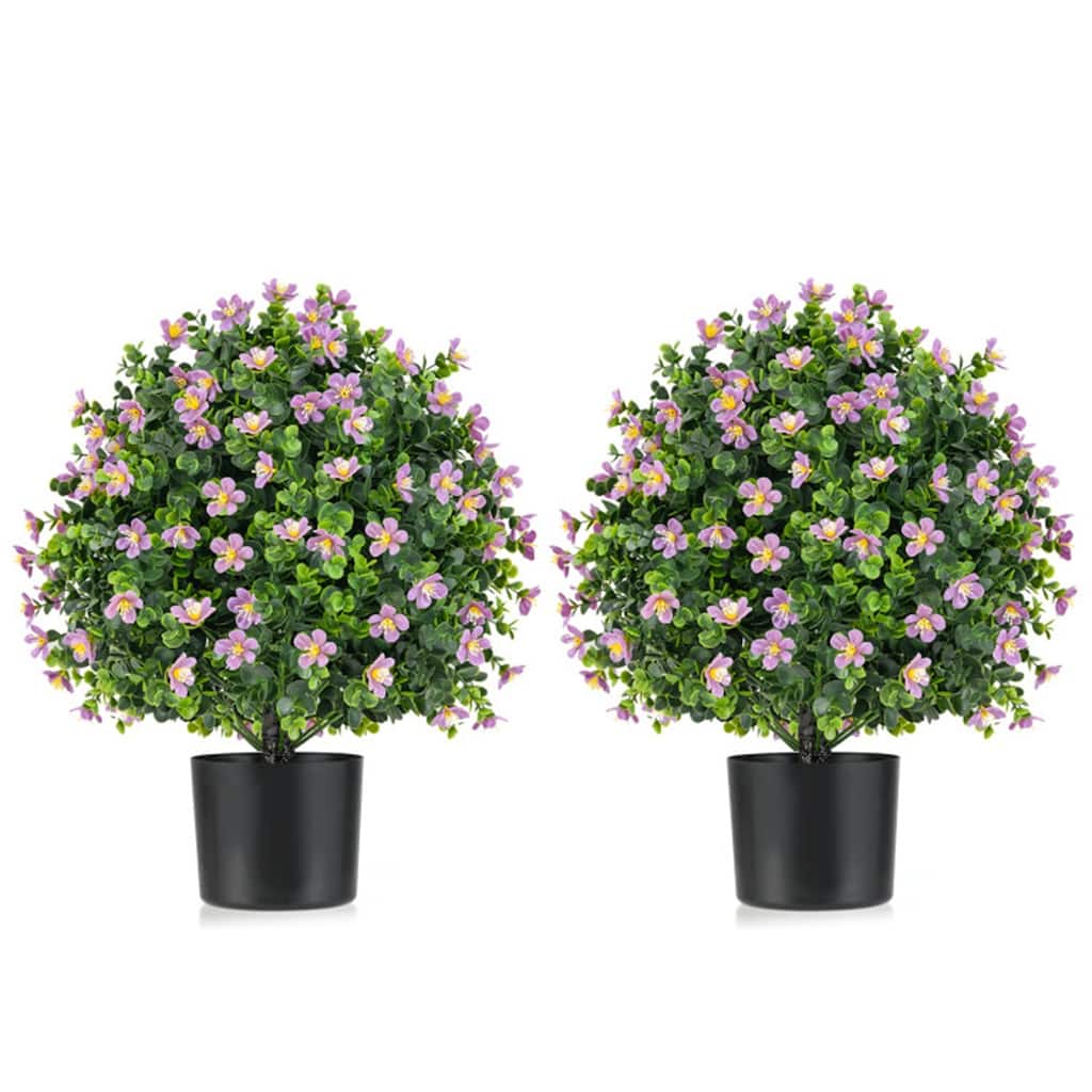 Set of 2 Artificial Boxwood Topiary Ball Trees with Purple and White Flowers Sun-Proof Cement Pot Low Maintenance - 6" x 21.5"