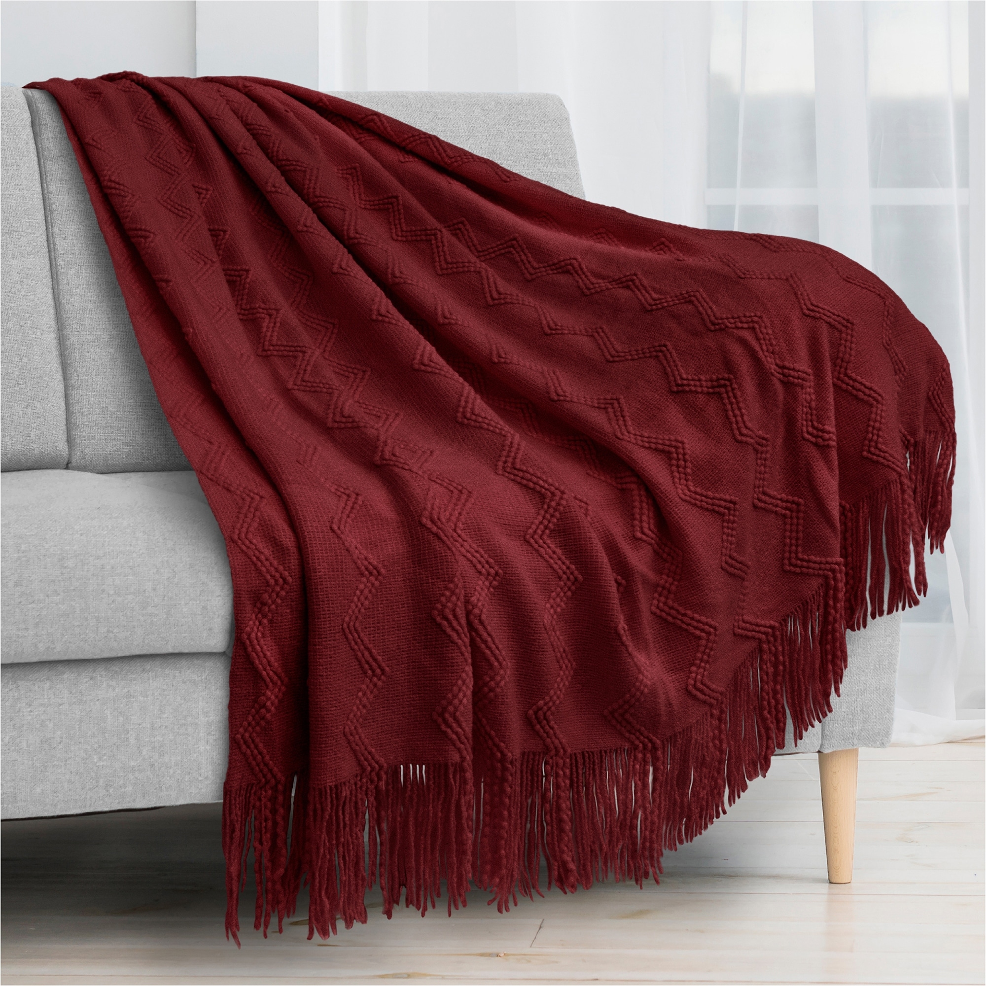 Burgundy throw blanket shop with fringe