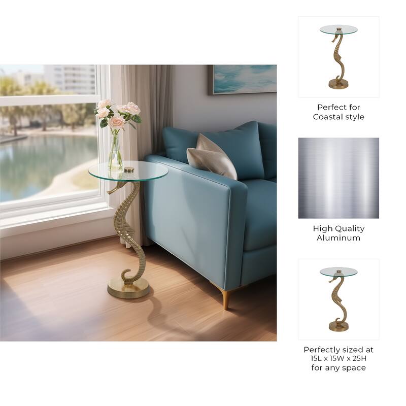 Sagebrook Home Artistic Metal and Glass Accent Table with Sculptural Aluminum Seahorse Base - 15" x 15" x 25"