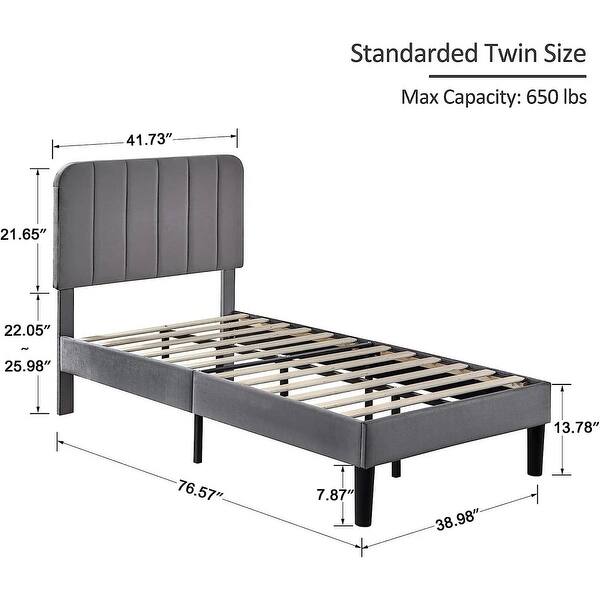 dimension image slide 1 of 5, Twin Upholstered Platform Bed Frame with Headboard and 12 Wooden Slats, Adjustable Height,