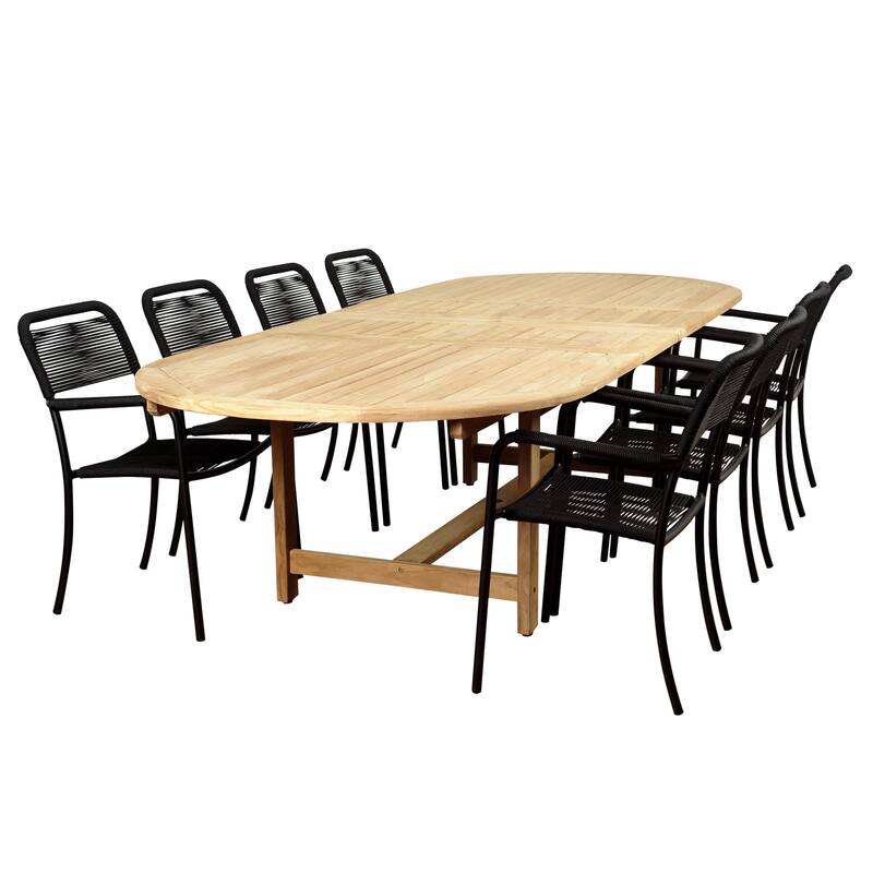 9-Piece Brown and Black Oosterdam Teak Extendable Rectangular Patio Dining Set 118"
