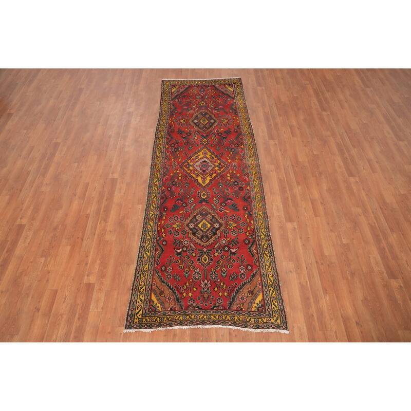 Hand Knotted Oriental 100% Wool Carpet Traditional Floral Oranges & Rust Hamedan Runner Rug - 9' 10'' X 3' 4''