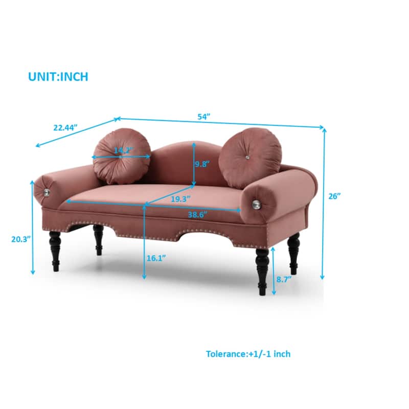 Velvet Upholstered Loveseat Sofa, Accent Bedside Entryway Bench, 2 Seater Couch Settee with Nailhead Decro and 2 Pillows