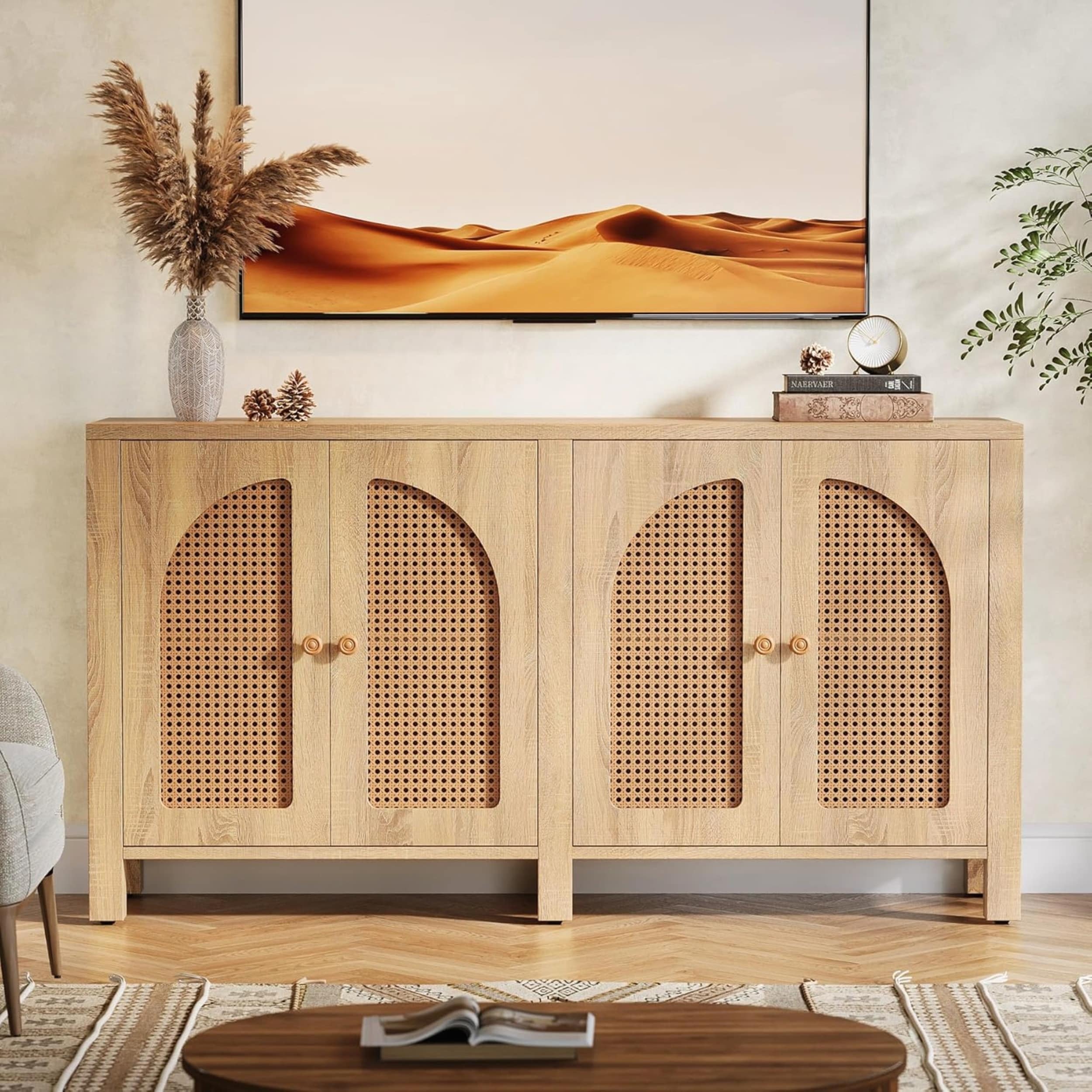 59 Inch Rattan Natural Buffet Sideboard with 4 Doors for Kitchen and Living Room Storage Console